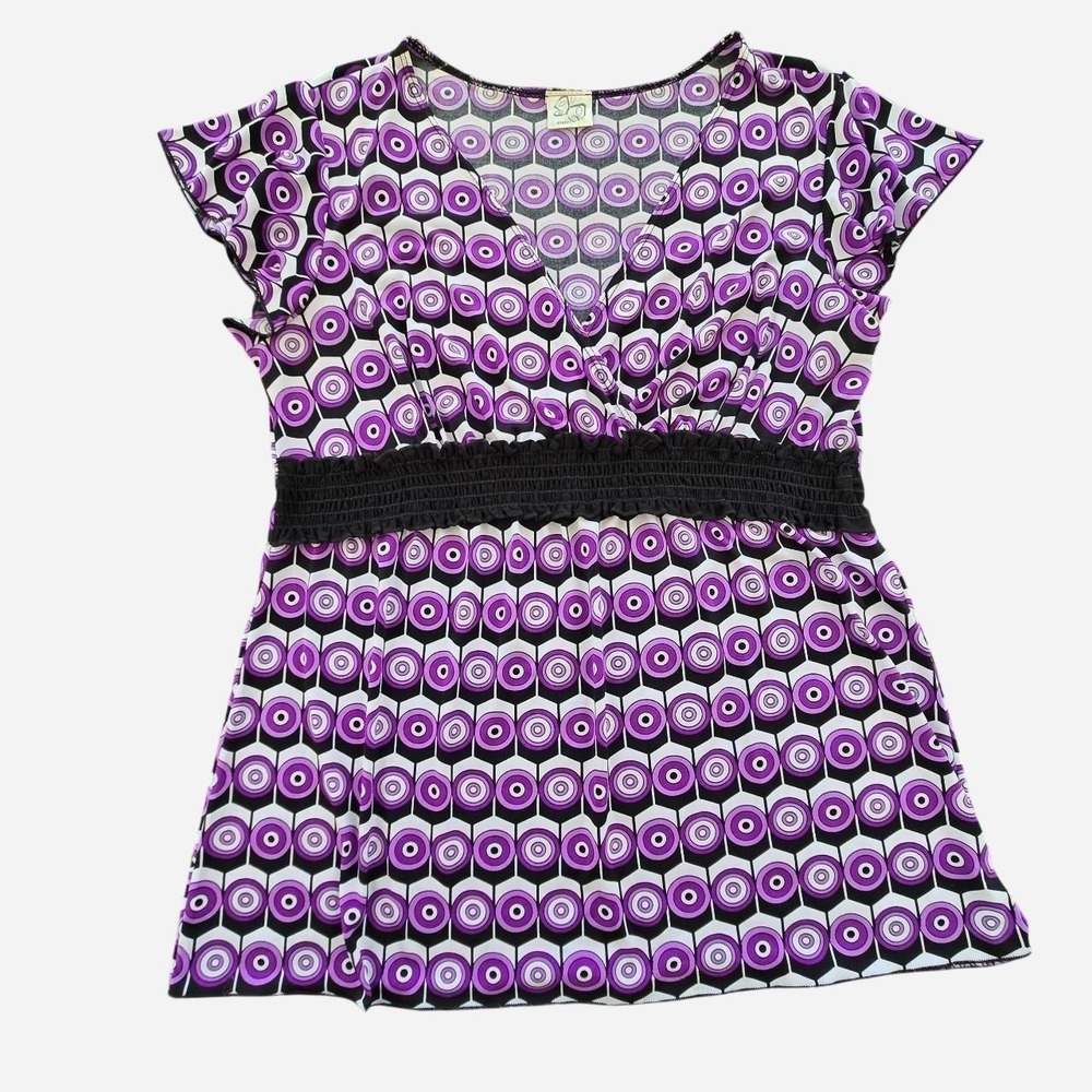 Plus-size y2k baby doll top. Vintage Fashion Bug. Funky geometric purple print